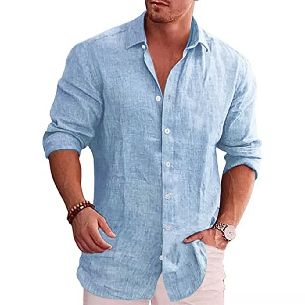 Men’s Cotton Linen Long Sleeve Shirt – Casual Plus Size