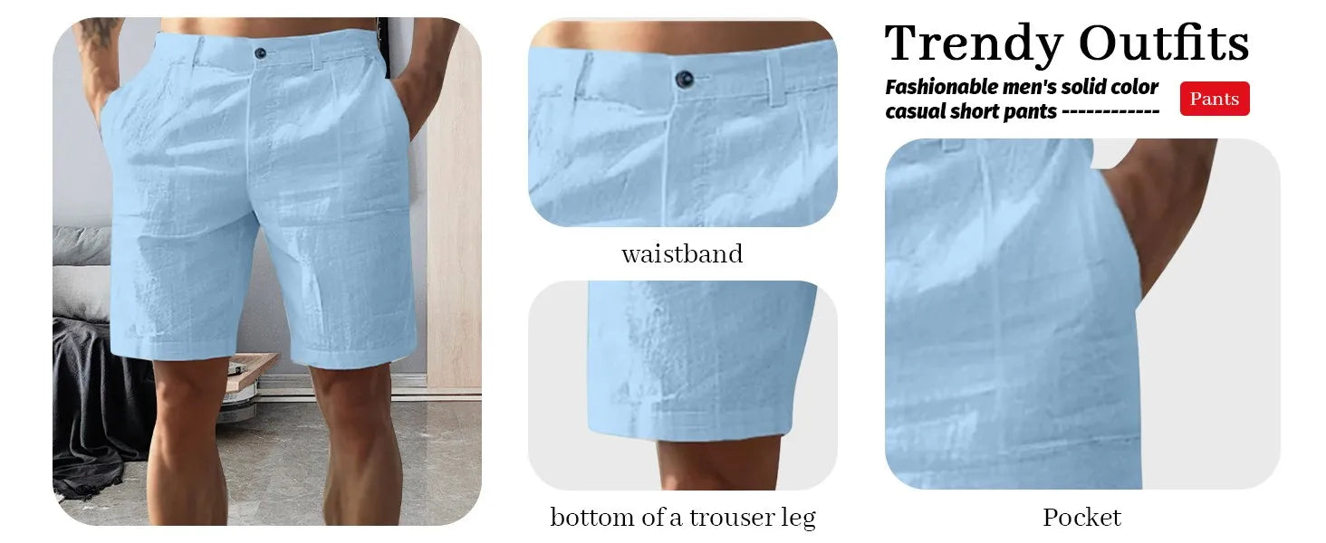Men’s Solid Color Linen Shorts – Breathable Casual Beach Pants for Summer Holiday