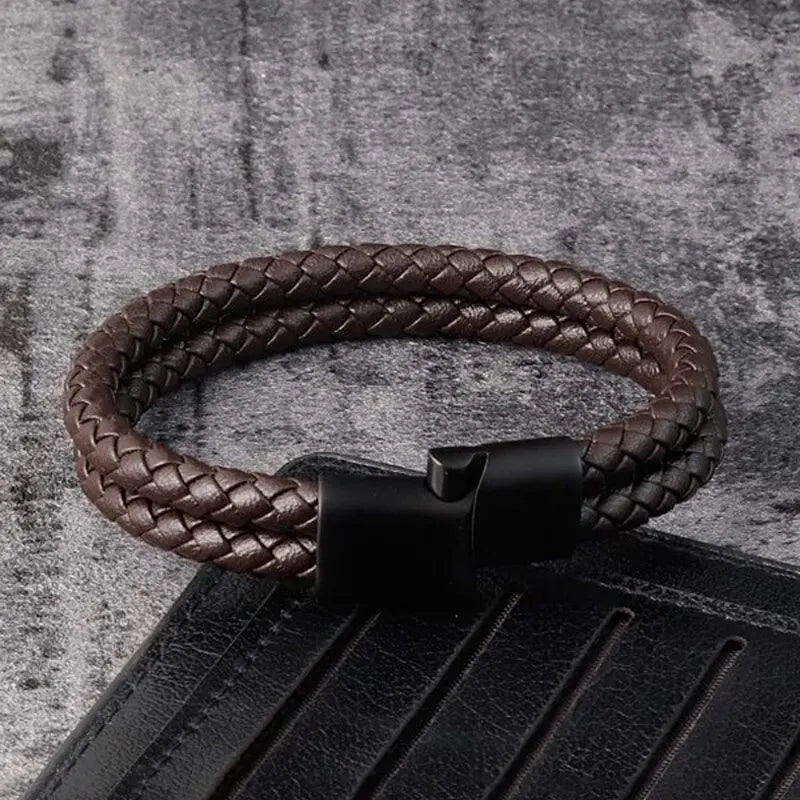 Men’s Trendy Leather Bracelet – Braided Rope with Stainless Steel Detail