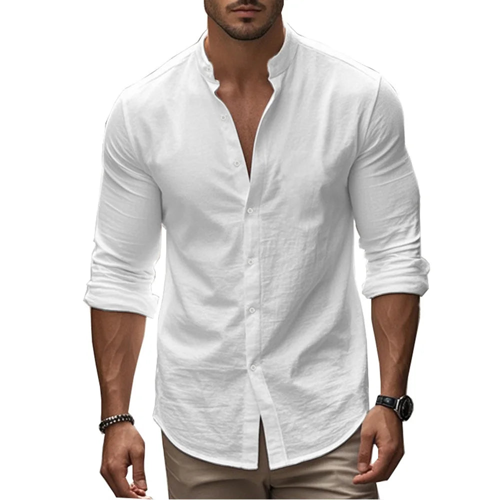 Men’s Cotton Linen Henley Shirt – Slim Fit, Breathable Solid Color Casual Wear