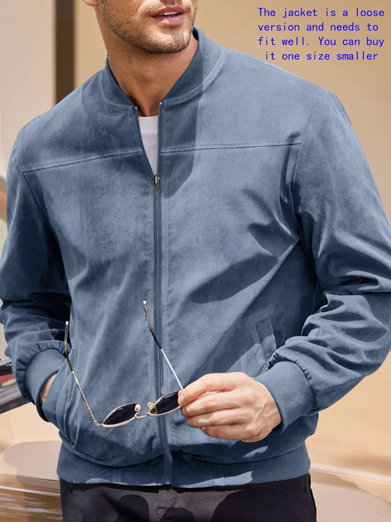 Men’s Suede Zip-Up Bomber Jacket – Casual Sport and Golf Style