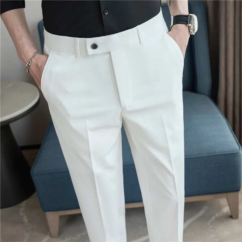 Men’s Stretch Solid Color Trousers – Slim Fit Ankle-Length Pants for Business, Casual & Formal Events