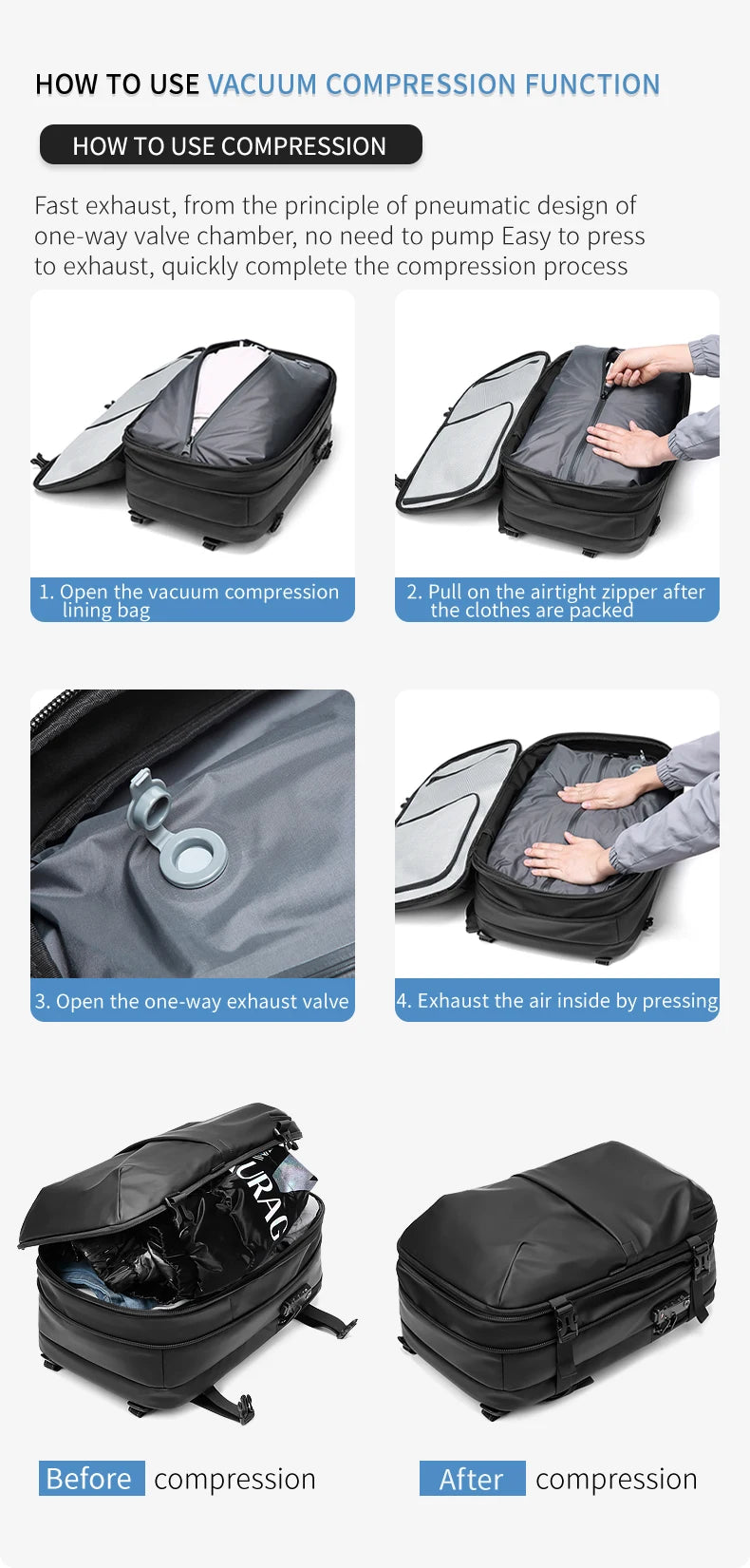 Men's Expandable Travel Backpack with Vacuum Compression – 17-Inch Laptop, Large Capacity, Business & School Outdoor Hiking Bag