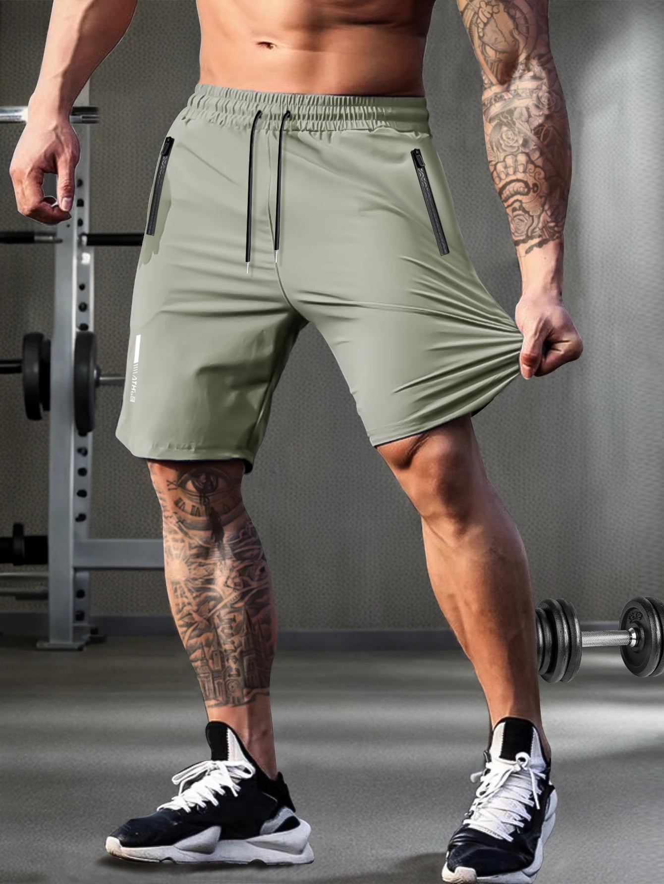 Men’s Elastic Waist Shorts – Solid Color Casual Shorts with Zipper Pockets