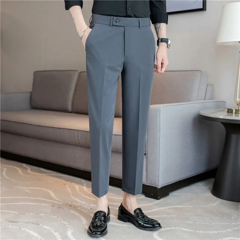 Men’s Stretch Solid Color Trousers – Slim Fit Ankle-Length Pants for Business, Casual & Formal Events