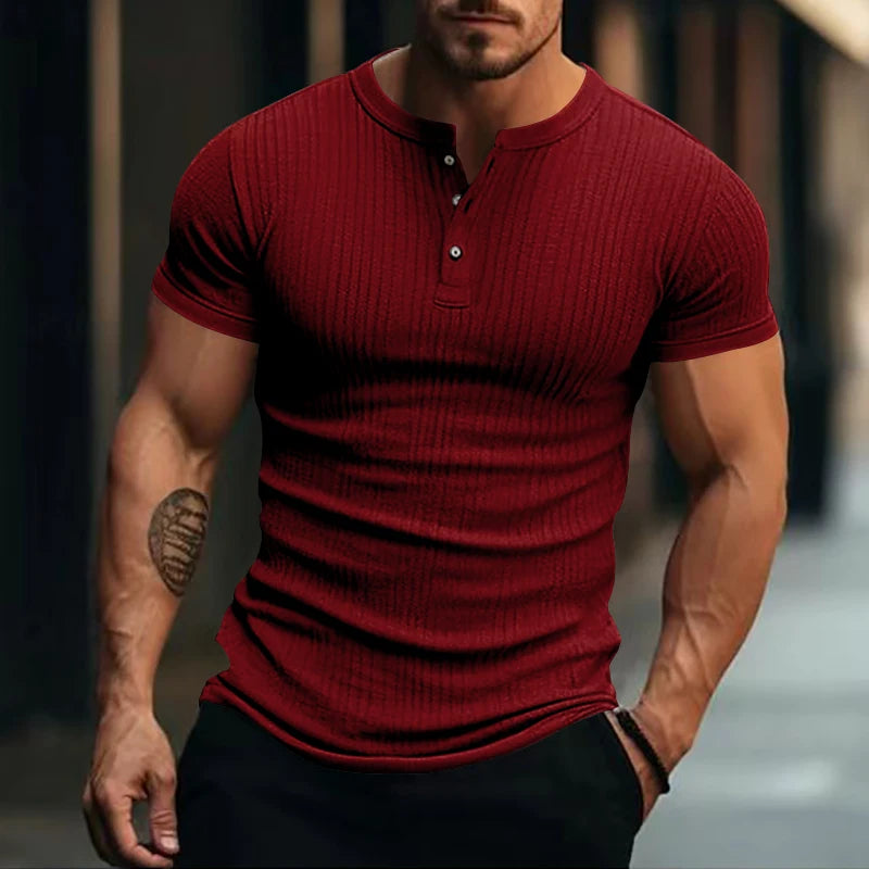 Men’s Striped Knit T-Shirt – Henley Neck, Short Sleeve, Soft & Breathable Casual Top