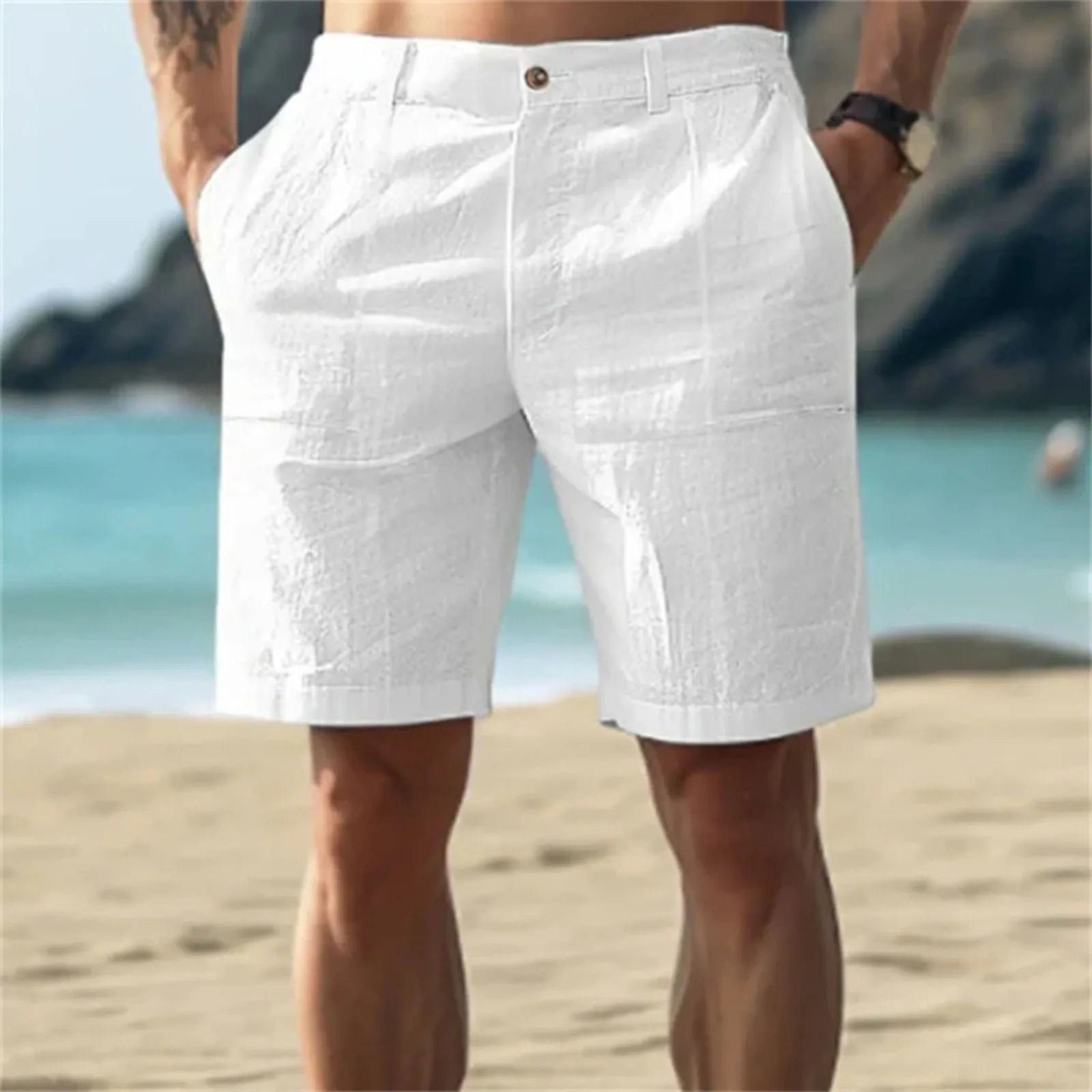 Men’s Solid Color Linen Shorts – Breathable Casual Beach Pants for Summer Holiday
