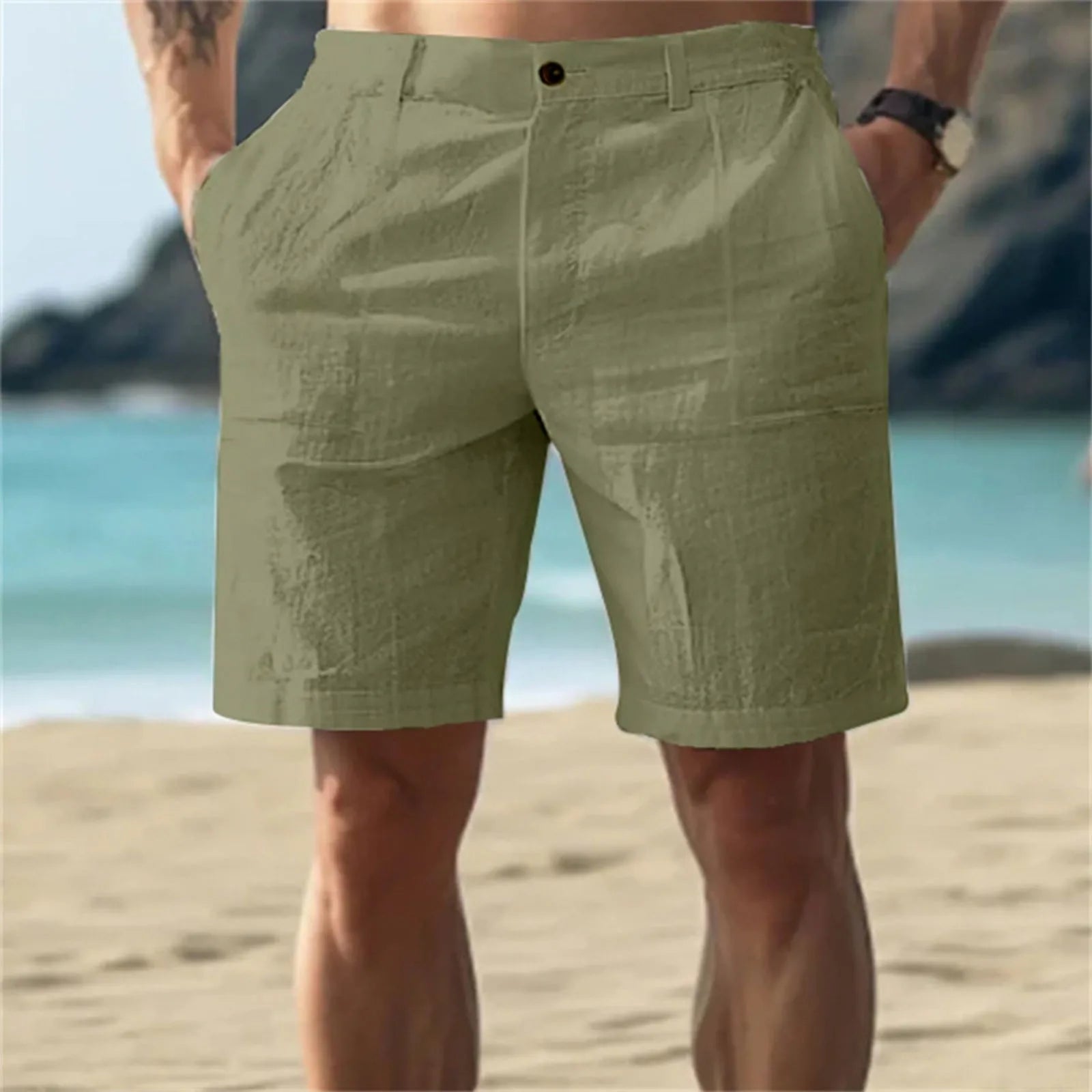 Men’s Solid Color Linen Shorts – Breathable Casual Beach Pants for Summer Holiday
