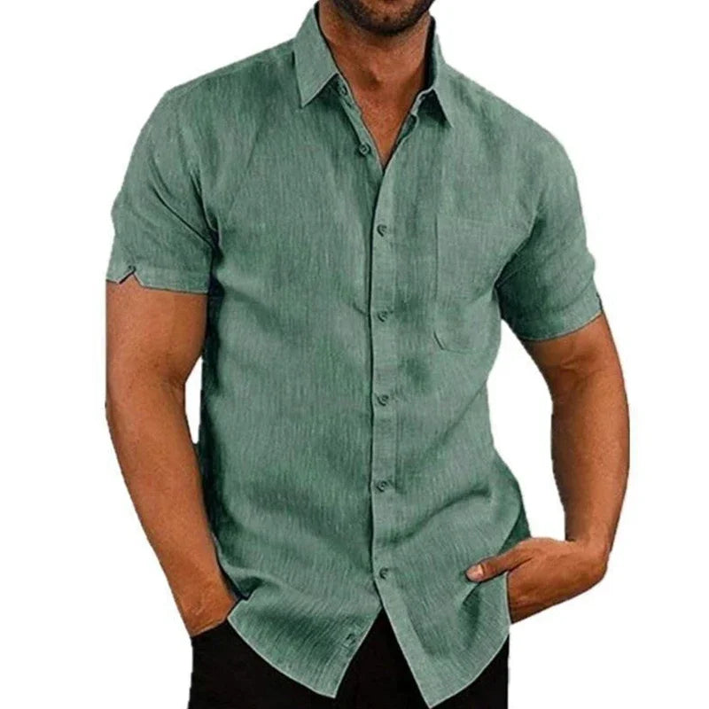 Men’s Summer Cotton Linen Shirt – Short Sleeve, Turn-Down Collar, Casual Style