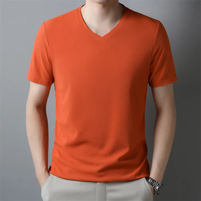 Men’s Waffle Knit V-Neck T-Shirt – Summer Casual Short Sleeve Top 2024