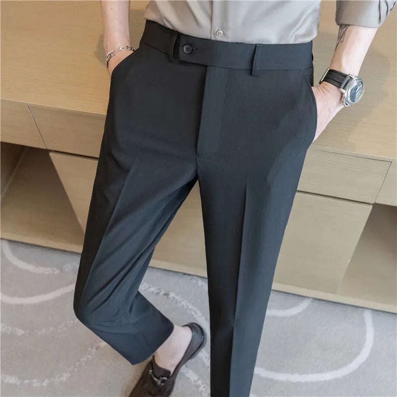 Men’s Stretch Solid Color Trousers – Slim Fit Ankle-Length Pants for Business, Casual & Formal Events
