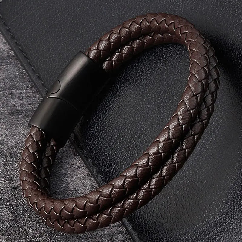 Men’s Trendy Leather Bracelet – Braided Rope with Stainless Steel Detail
