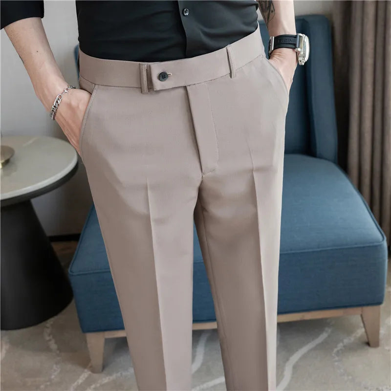 Men’s Stretch Solid Color Trousers – Slim Fit Ankle-Length Pants for Business, Casual & Formal Events