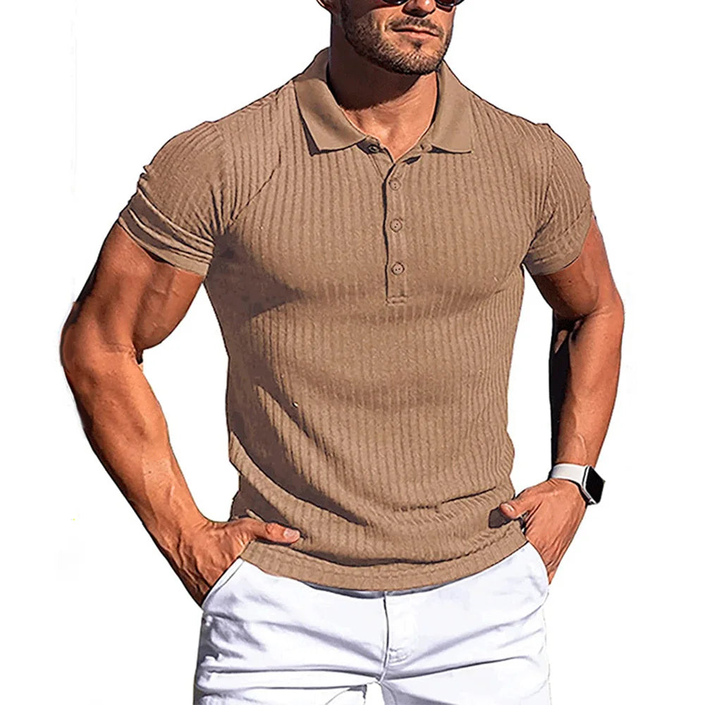 Men’s Summer Polo Shirt – Solid & Striped Short Sleeve, Stretch Fitness Top with Stand Collar