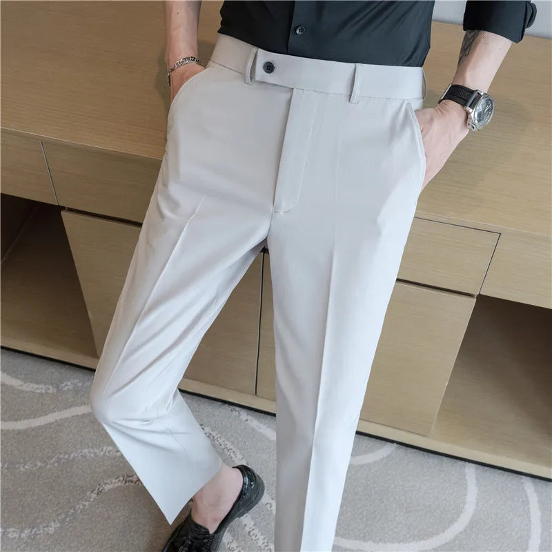 Men’s Stretch Solid Color Trousers – Slim Fit Ankle-Length Pants for Business, Casual & Formal Events