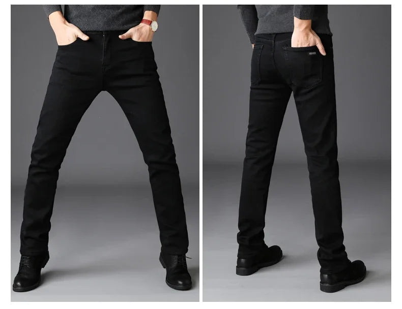 Men’s Classic Black Stretch Jeans – Soft Denim Biker Pants for Spring & Autumn