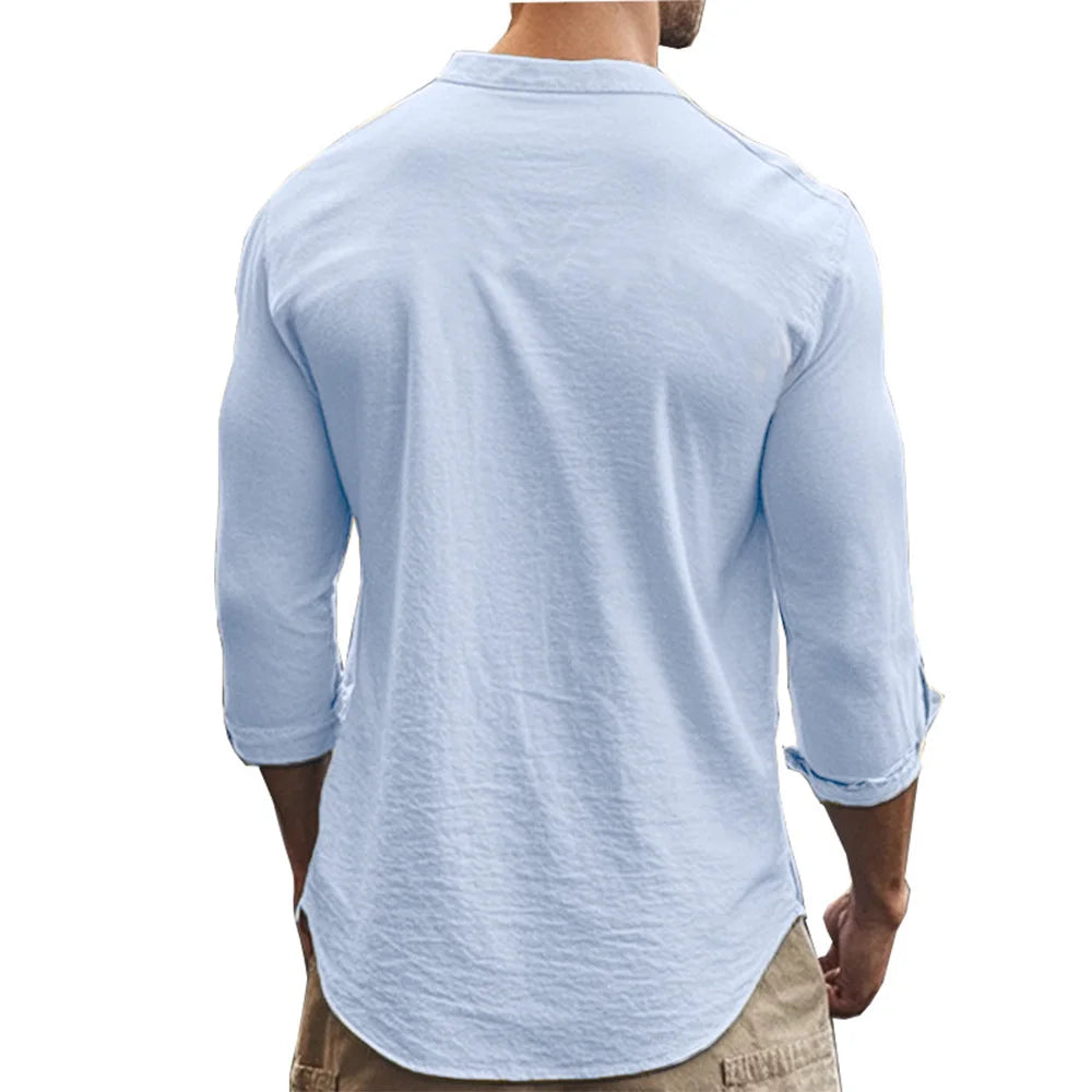 Men’s Cotton Linen Henley Shirt – Slim Fit, Breathable Solid Color Casual Wear