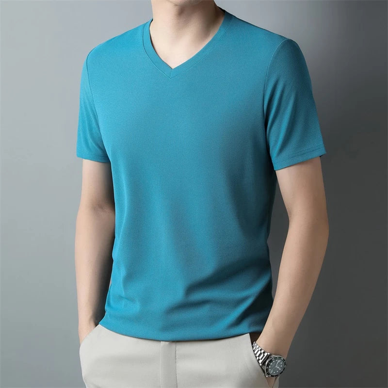 Men’s Waffle Knit V-Neck T-Shirt – Summer Casual Short Sleeve Top 2024