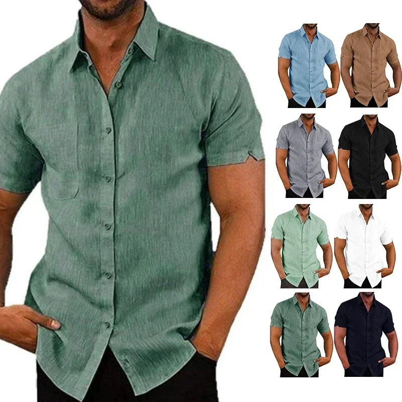 Men’s Summer Cotton Linen Shirt – Short Sleeve, Turn-Down Collar, Casual Style