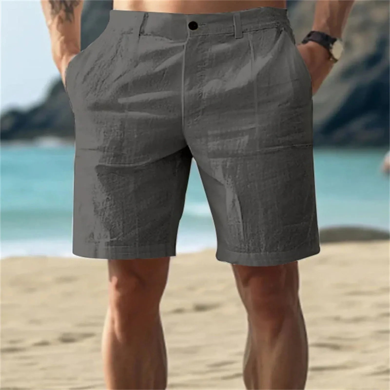 Men’s Solid Color Linen Shorts – Breathable Casual Beach Pants for Summer Holiday
