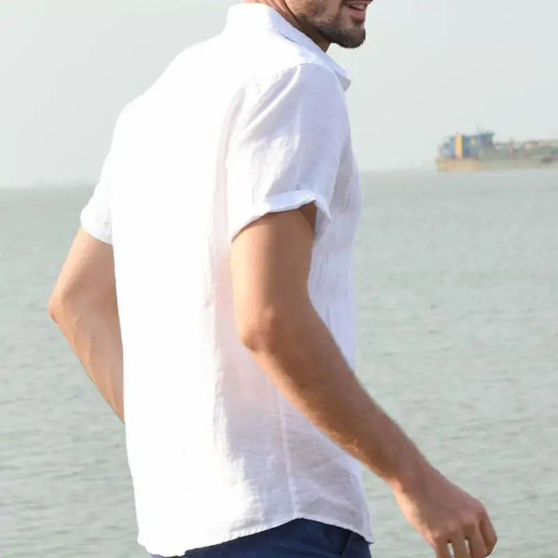 Men’s Casual Cotton Linen Short Sleeve Shirt – Solid Color Summer Beachwear