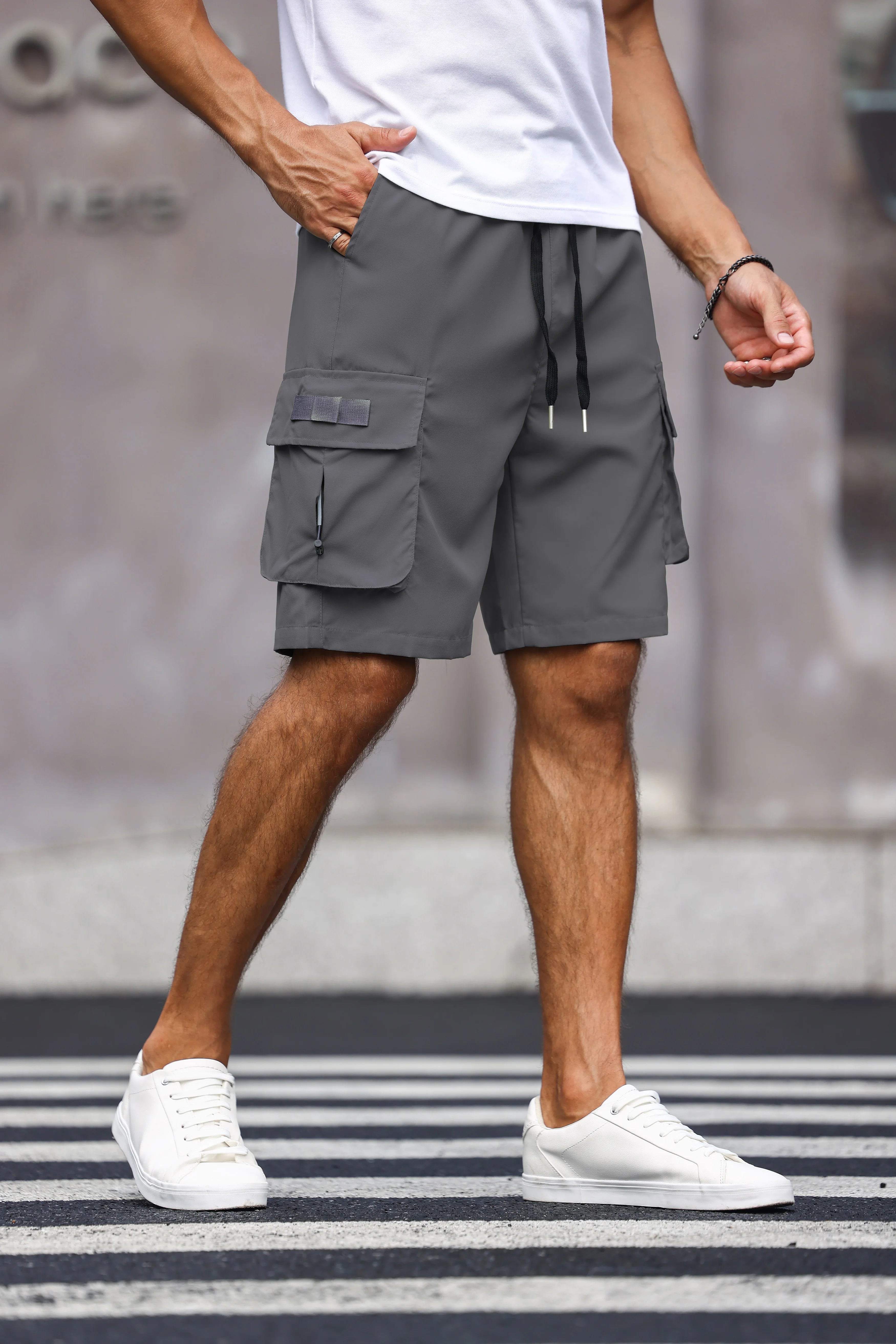 Men’s Multicolor Cargo Shorts – Solid Color Drawstring Summer Shorts with Pockets