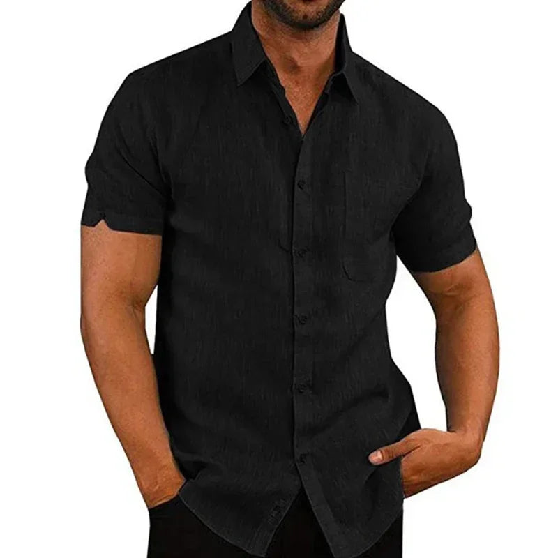Men’s Summer Cotton Linen Shirt – Short Sleeve, Turn-Down Collar, Casual Style