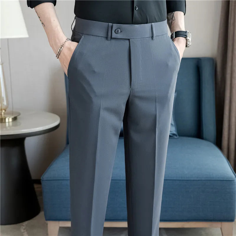 Men’s Stretch Solid Color Trousers – Slim Fit Ankle-Length Pants for Business, Casual & Formal Events