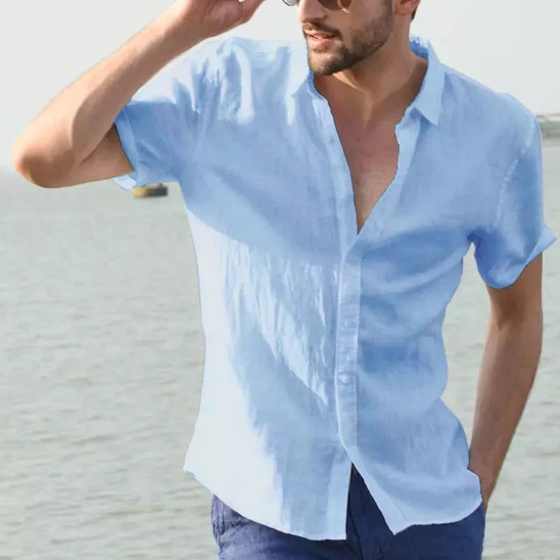 Men’s Casual Cotton Linen Short Sleeve Shirt – Solid Color Summer Beachwear