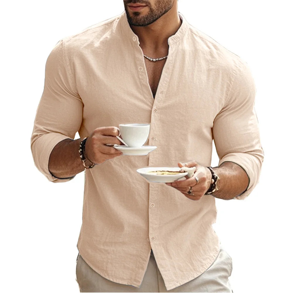 Men’s Cotton Linen Henley Shirt – Slim Fit, Breathable Solid Color Casual Wear