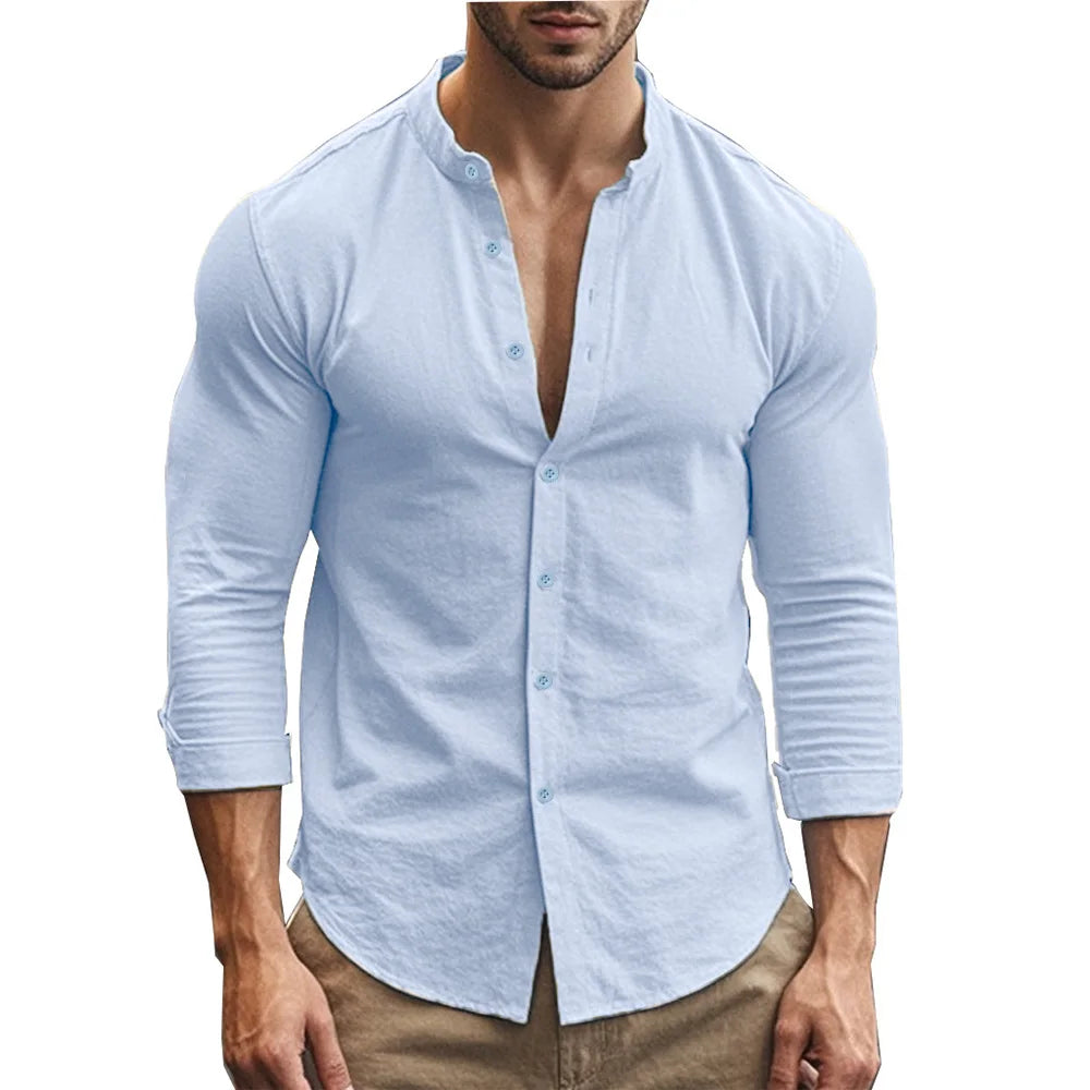 Men’s Cotton Linen Henley Shirt – Slim Fit, Breathable Solid Color Casual Wear