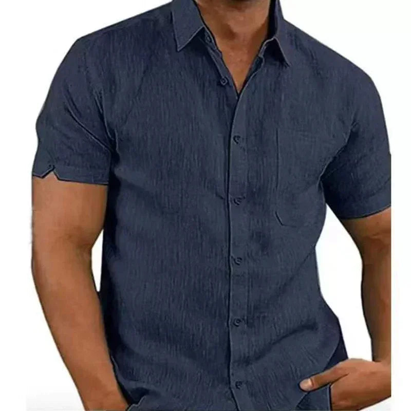 Men’s Summer Cotton Linen Shirt – Short Sleeve, Turn-Down Collar, Casual Style