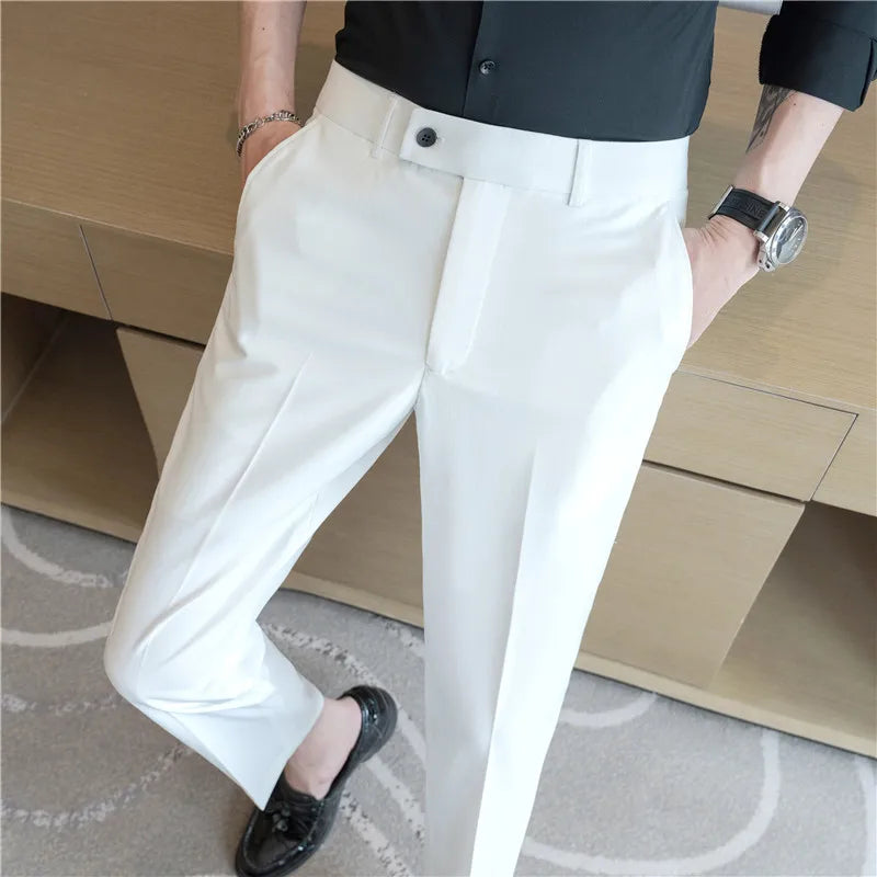 Men’s Stretch Solid Color Trousers – Slim Fit Ankle-Length Pants for Business, Casual & Formal Events