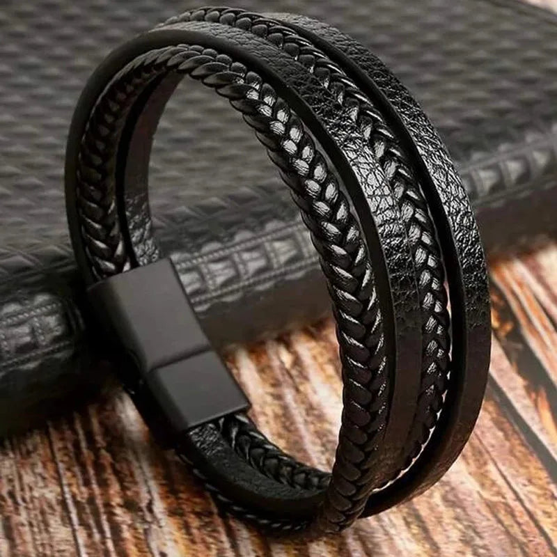 Men’s Trendy Leather Bracelet – Stainless Steel Multilayer Braided Rope Jewelry
