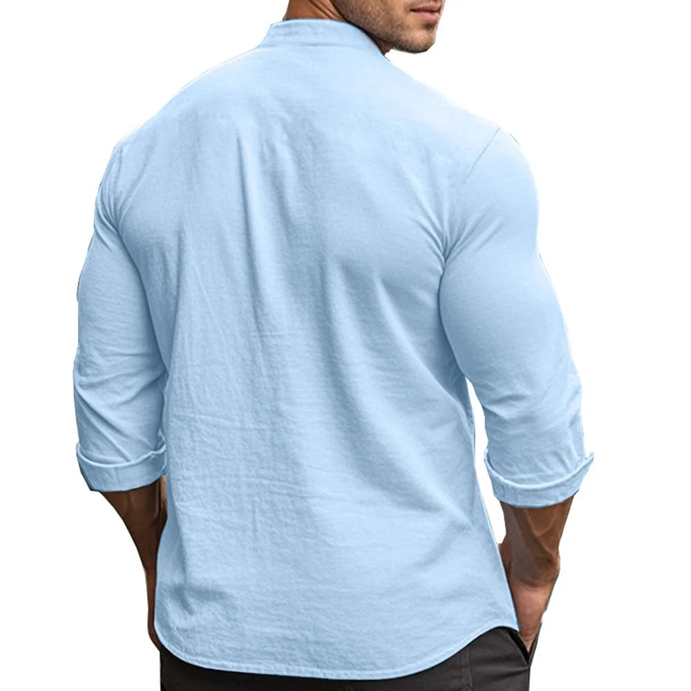 Men’s Cotton Linen Henley Shirt – Slim Fit, Breathable Solid Color Casual Wear