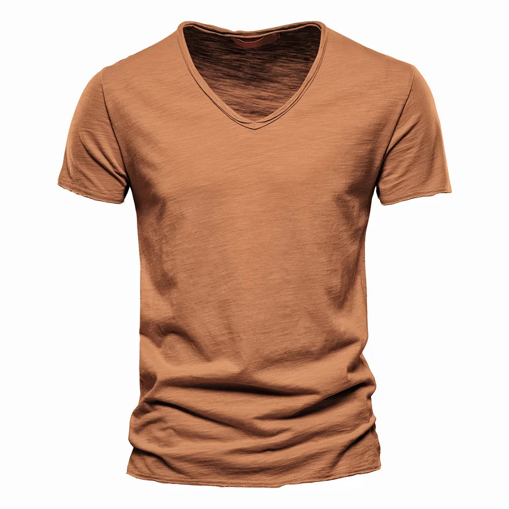 Men’s 100% Cotton V-Neck T-Shirt – Slim Fit Solid Color Short Sleeve Top
