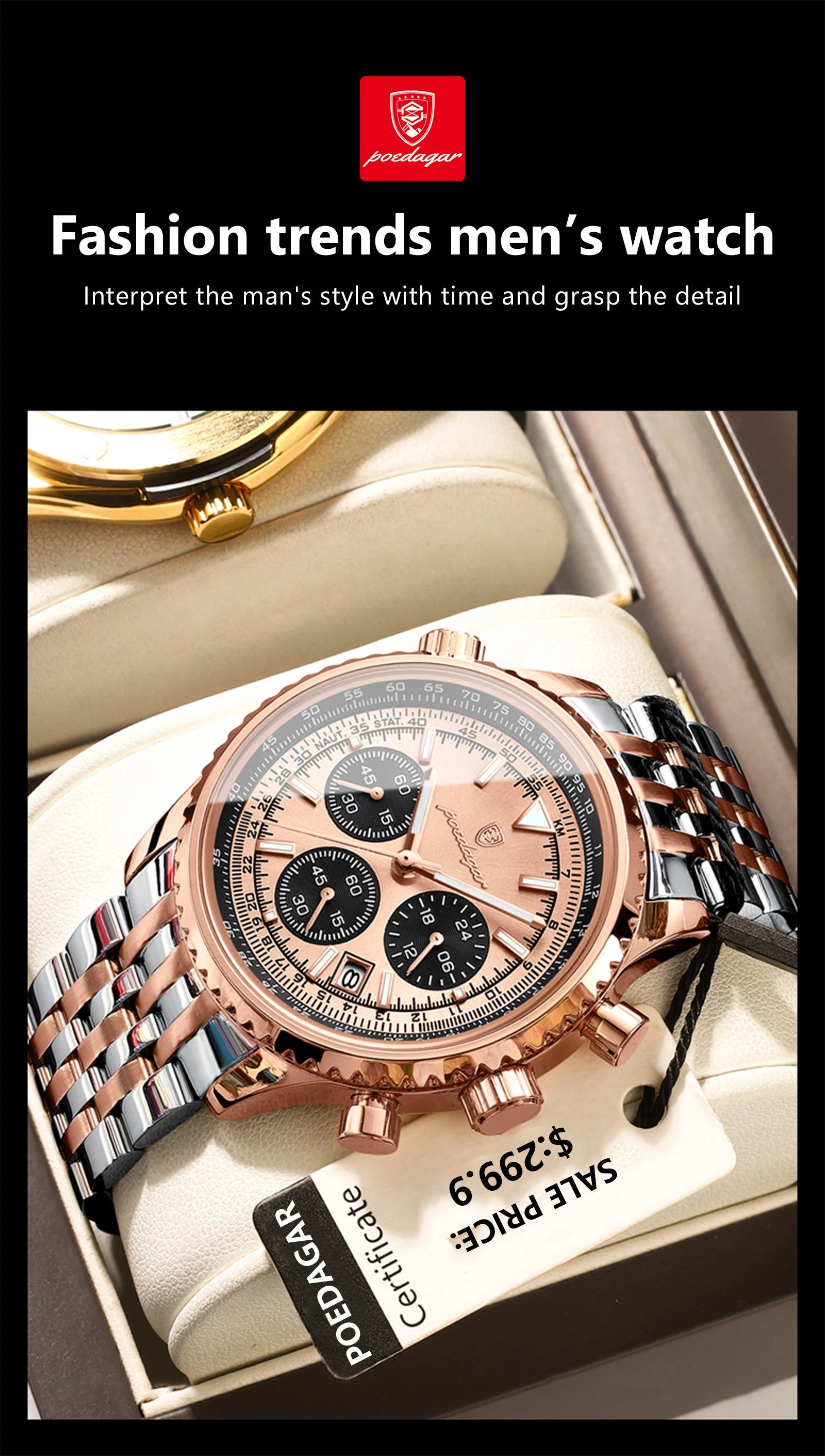 Men's Luxury Chronograph Watch – Stainless Steel, Waterproof, Luminous, Quartz