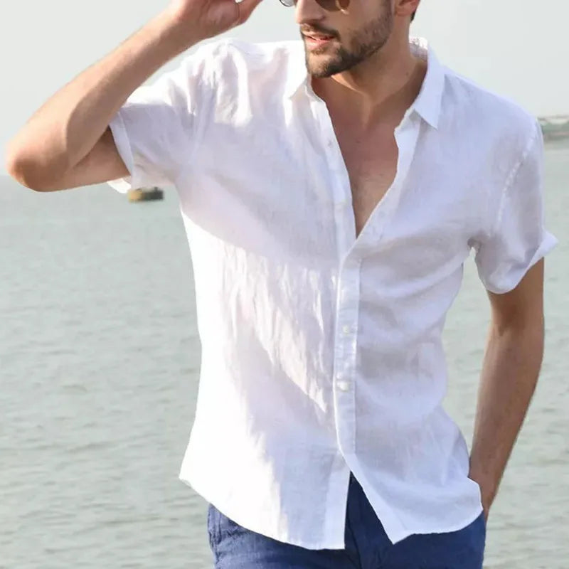 Men’s Casual Cotton Linen Short Sleeve Shirt – Solid Color Summer Beachwear