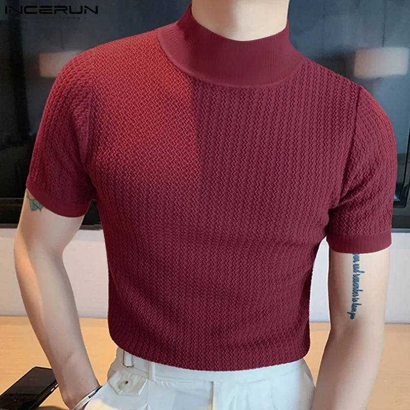 Men’s Summer Slim Fit High Neck Textured T-Shirt