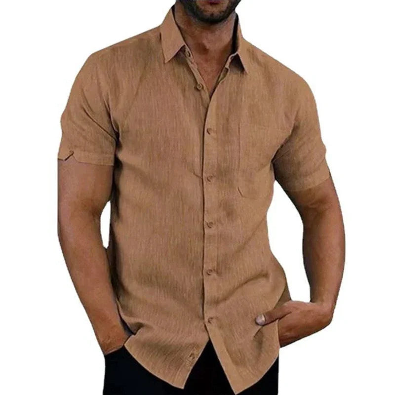 Men’s Summer Cotton Linen Shirt – Short Sleeve, Turn-Down Collar, Casual Style