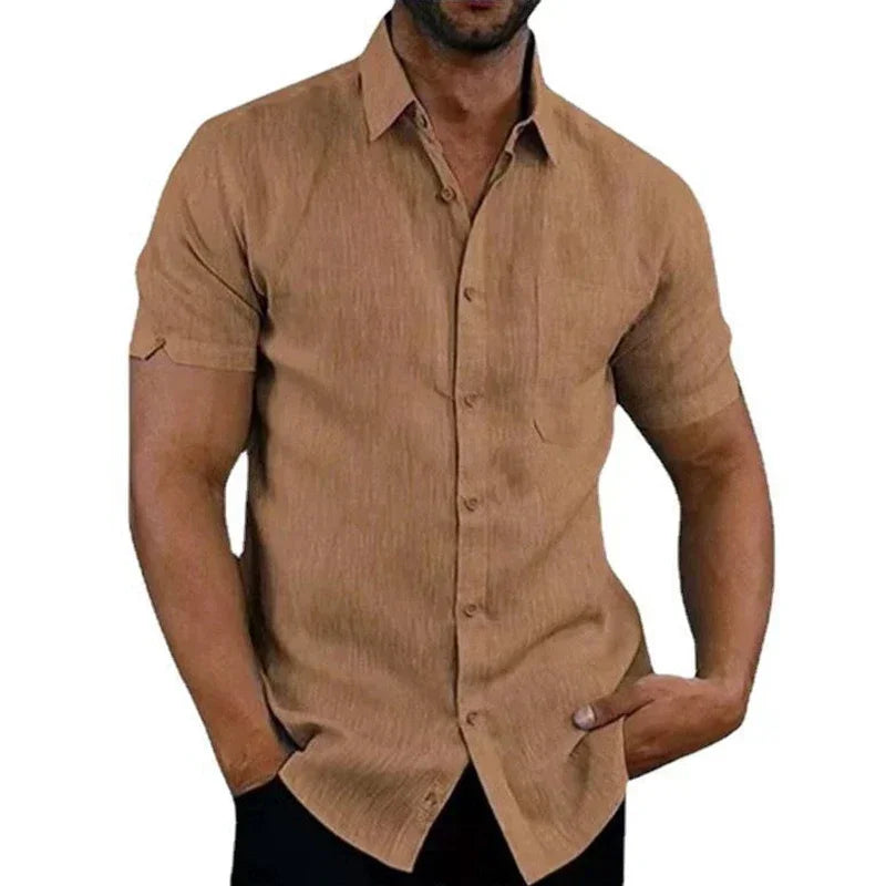 Men’s Summer Cotton Linen Shirt – Short Sleeve, Turn-Down Collar, Casual Style