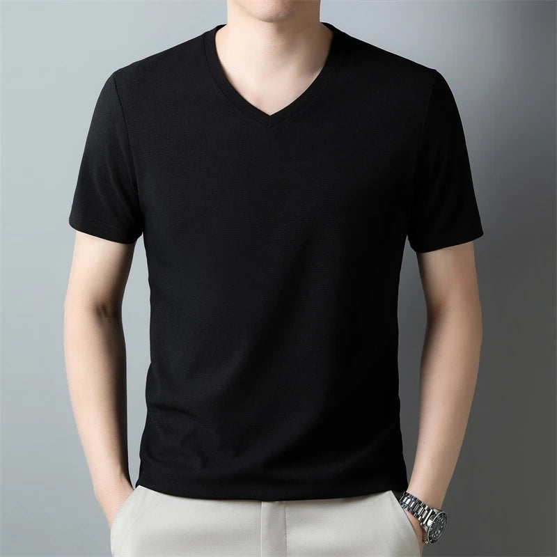 Men’s Waffle Knit V-Neck T-Shirt – Summer Casual Short Sleeve Top 2024