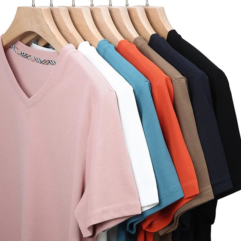 Men’s Waffle Knit V-Neck T-Shirt – Summer Casual Short Sleeve Top 2024