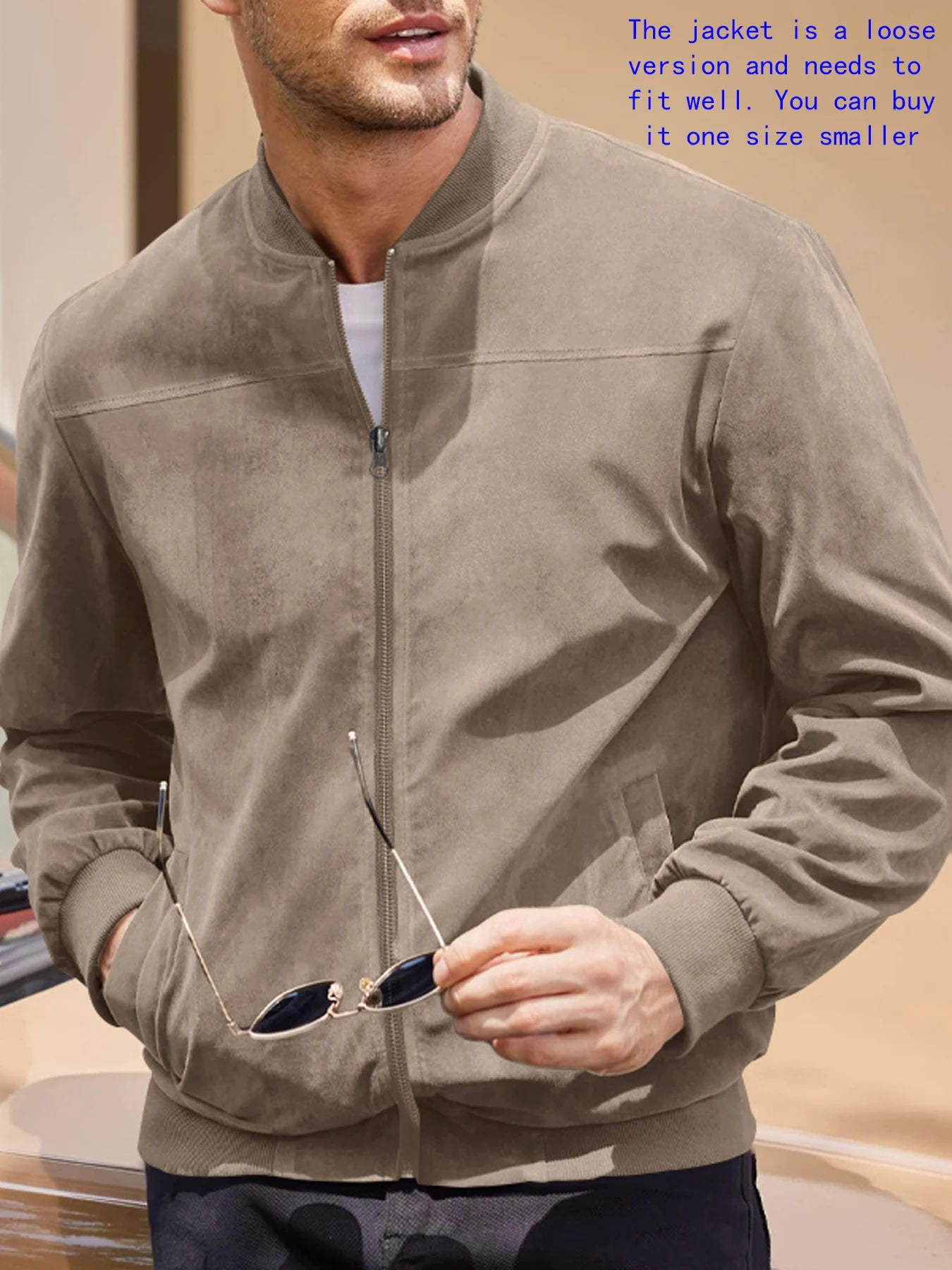 Men’s Suede Zip-Up Bomber Jacket – Casual Sport and Golf Style