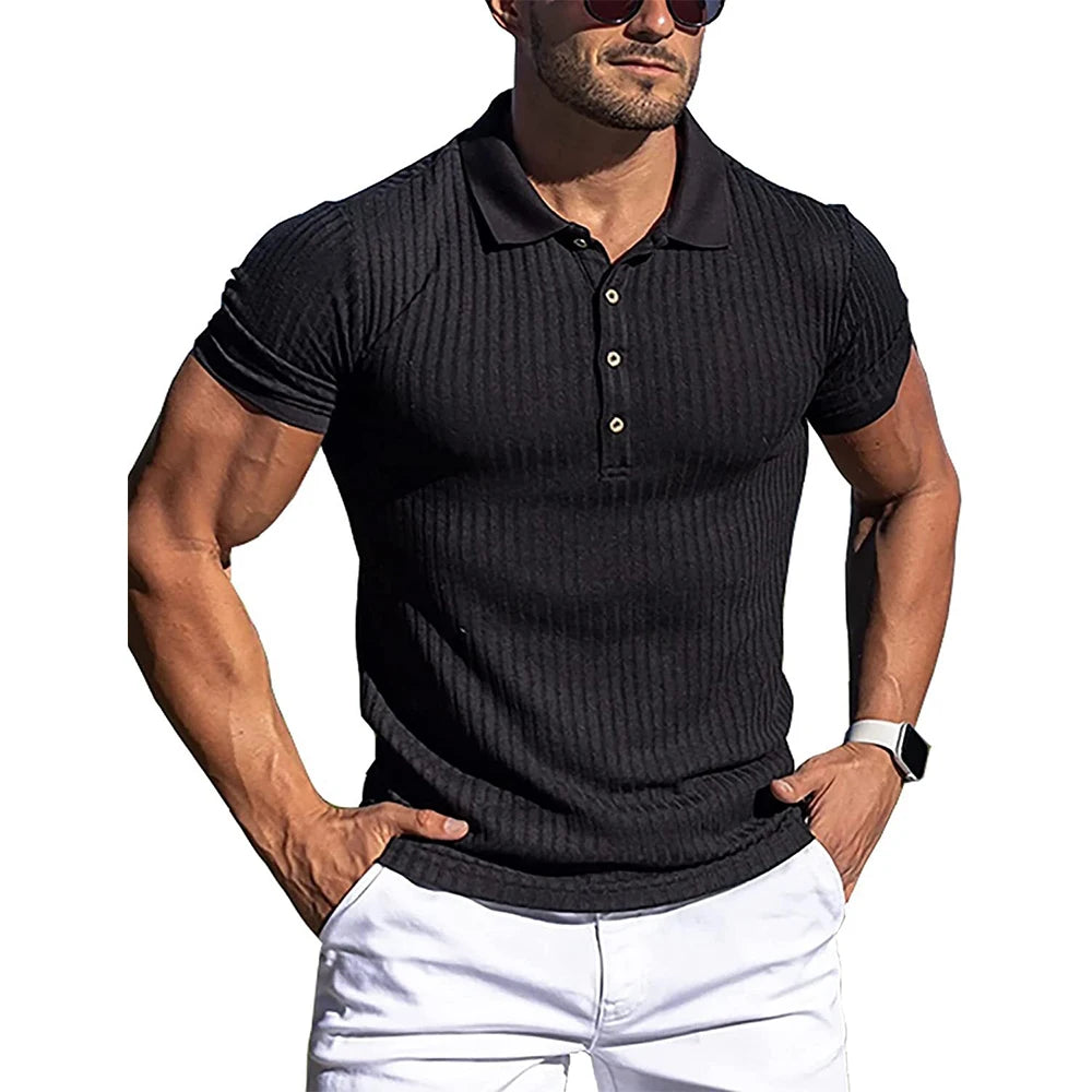 Men’s Summer Polo Shirt – Solid & Striped Short Sleeve, Stretch Fitness Top with Stand Collar