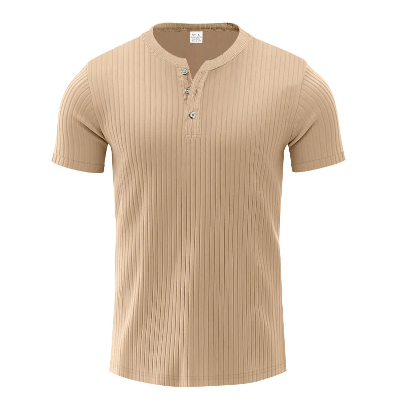 Men’s Striped Knit T-Shirt – Henley Neck, Short Sleeve, Soft & Breathable Casual Top