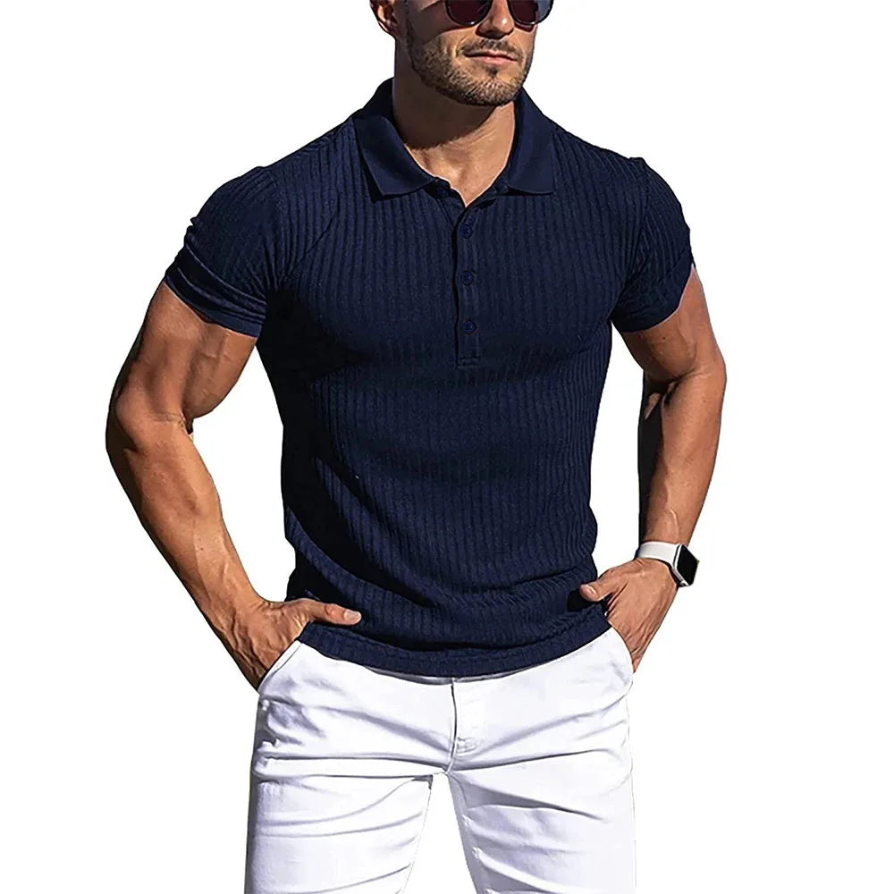Men’s Summer Polo Shirt – Solid & Striped Short Sleeve, Stretch Fitness Top with Stand Collar