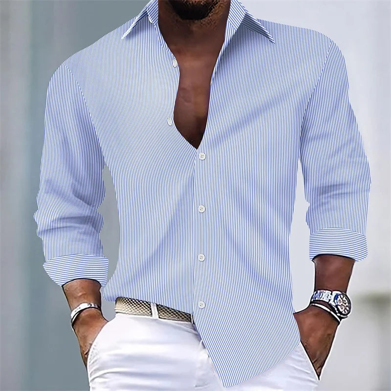 Men’s Summer Striped Shirt – Casual Long Sleeve Style for Holidays and Daily Wear