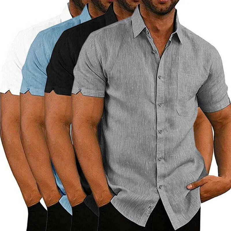 Men’s Summer Cotton Linen Shirt – Short Sleeve, Turn-Down Collar, Casual Style