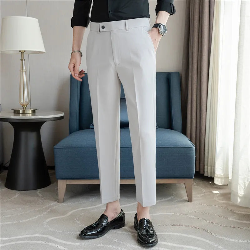 Men’s Stretch Solid Color Trousers – Slim Fit Ankle-Length Pants for Business, Casual & Formal Events